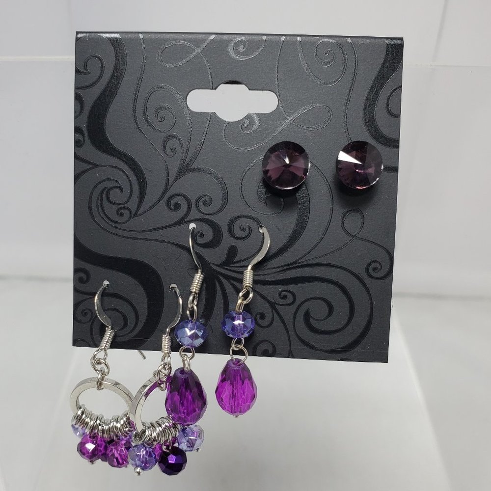 Amethyst trio earrings with silver fish hook and pierced